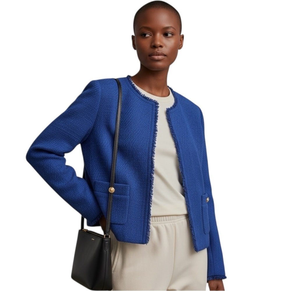 Cato Royal Blue Textured Blazer Size Large Short Open Front Blazer Silver Button